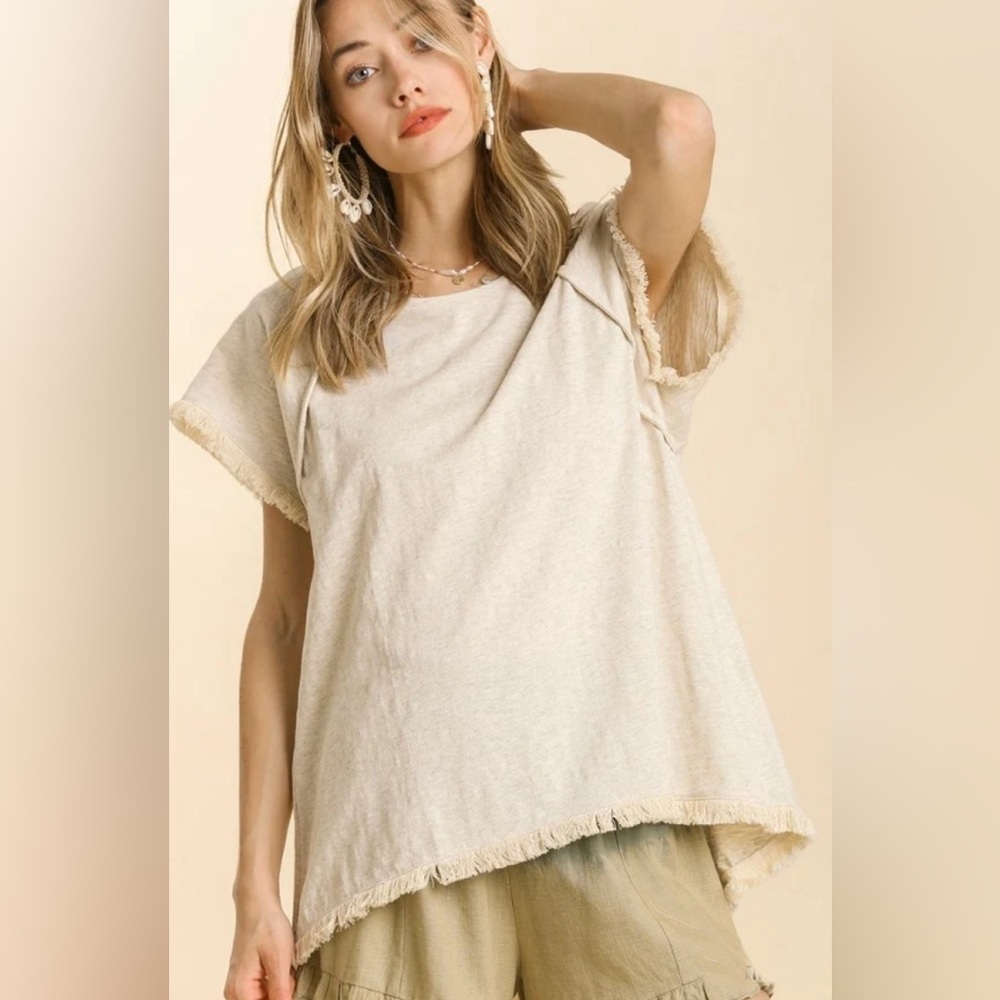 Umgee Small High Low Frayed Hem Oatmeal Blouse